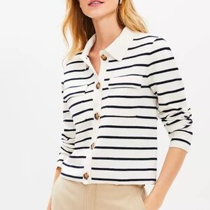 Loft | Women’s Midnight Navy/Ivory Striped Sweater Jacket Size XL